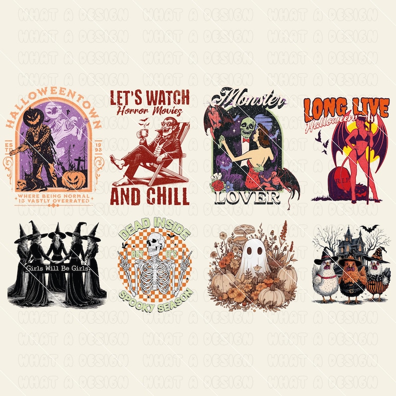 May include: A set of ten digital designs featuring Halloween-themed illustrations and text. The designs include a spooky town, a monster lover, a ghost, a skeleton, and more. The designs are perfect for creating t-shirts, mugs, tote bags, and other merchandise.