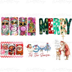 May include: A collection of Christmas-themed graphics featuring Santa Claus, a snowman, reindeer, and a Christmas tree, all wearing sunglasses and blowing bubblegum. The word "MERRY" is displayed in colorful letters, along with the phrase "Tis The Season."