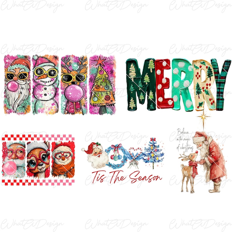 May include: A collection of Christmas-themed graphics featuring Santa Claus, a snowman, reindeer, and a Christmas tree, all wearing sunglasses and blowing bubblegum. The word "MERRY" is displayed in colorful letters, along with the phrase "Tis The Season."