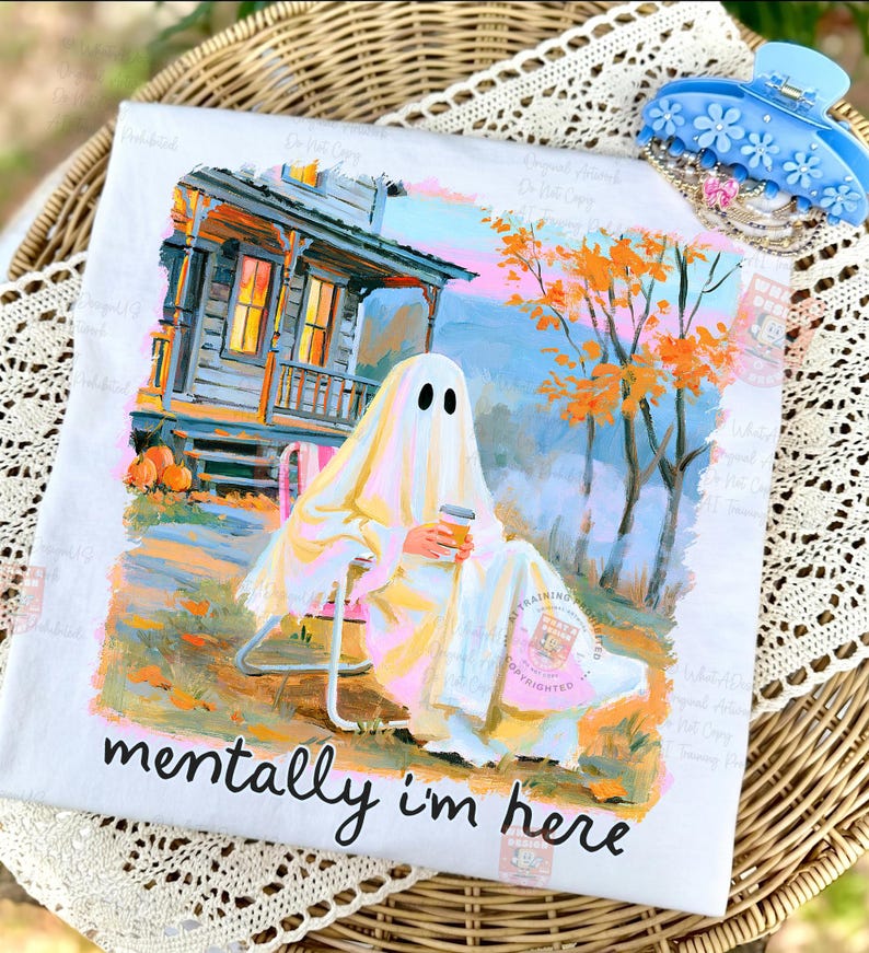 Digital Summerween Ghost PNG design, ghost with a pink bow at a porch scene with autumn trees, 'Mentally I'm Here' text.