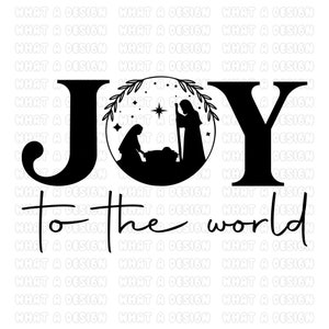 Pu&ograve; includere: Grafica in bianco e nero con la parola "JOY" in grandi lettere. Un cerchio con una stella e una scena della nativit&agrave; si trova al centro della parola "JOY". Il testo "to the world" si trova sotto la parola "JOY".