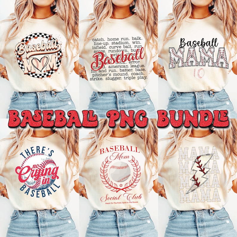 Peut inclure: Un lot de six designs de t-shirts sur le th&egrave;me du baseball &agrave; t&eacute;l&eacute;charger num&eacute;riquement. Les designs pr&eacute;sentent des balles de baseball, des battes et des textes tels que "Baseball Mom", "Baseball Mama" et "There's No Crying in Baseball".