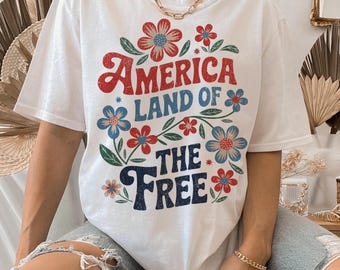 America Land Of The Free Png, Retro Floral 4th of July Png, Retro Boho Flower Png, Girly USA Png, Independence Day Png, Patriotic png