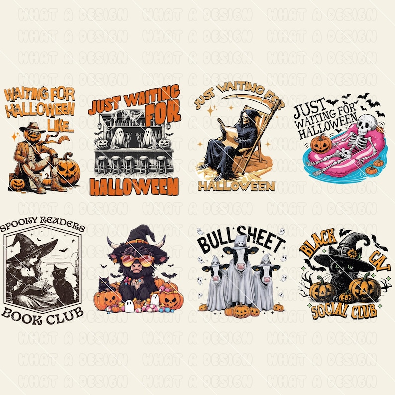 May include: Eight colorful digital designs featuring Halloween themes. The designs include a skeleton in a pool float, a grim reaper reading a book, a bull with sunglasses, a cat with a witch's hat, a pumpkin with a hat, a bar with a sign that says "Just Waiting for Halloween", a book club with a witch and a cat, and a social club with a cat and a witch's hat.