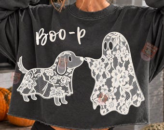 Boo-P Lace Ghost Dog PNG, Coquette Halloween Dog, Floral Lace Ghost Puppy, Cute Spooky Dog Lover Sublimation Png