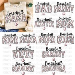 May include: A set of 10 baseball-themed iron-on transfers featuring different family member titles, such as "Baseball Dad", "Baseball Nana", and "Baseball Grandma". Each design is made up of a baseball with red stitching and a white background, with the title written in black text.