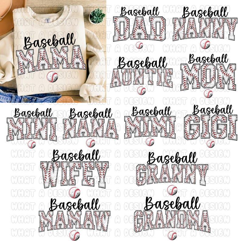 May include: A set of 10 iron-on transfers featuring different family member titles, such as "Baseball Dad", "Baseball Nana", and "Baseball Grandma". Each design is made up of a baseball with red stitching and a white background, with the title written in black text.