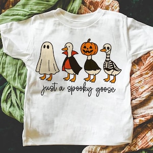 May include: White t-shirt featuring a Halloween-themed graphic. The design includes four cartoon geese dressed as a ghost, vampire, jack-o'-lantern, and skeleton. The text "just a spooky goose" is written in a cursive font below the geese.