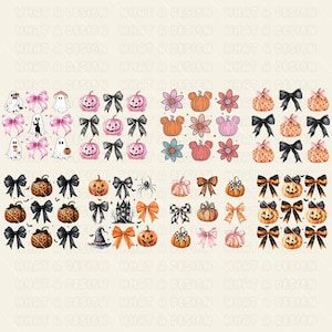 May include: A set of 10 Halloween nail decals featuring various designs, including pumpkins, bows, ghosts, spiders, and a haunted house. The decals are in a variety of colors, including black, orange, pink, and white.