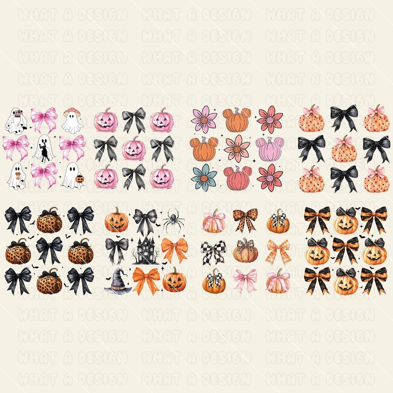 May include: A set of 10 Halloween nail decals featuring various designs, including pumpkins, bows, ghosts, spiders, and a haunted house. The decals are in a variety of colors, including black, orange, pink, and white.