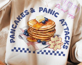 Pancakes and Panic Attacks PNG, Funny Retro Sublimation Design, Vintage Style T-Shirt Mug Tote PNG, Mental Health, Anxiety, Digital Download