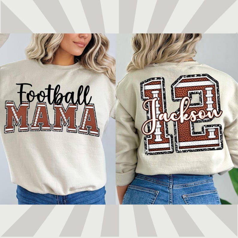 May include: A beige sweatshirt with the text "Football Mama" on the front and a brown football jersey with the number "12" and the name "Jackson" on the back.