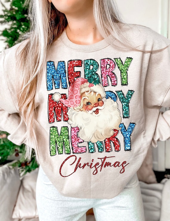 Merry Christmas Png, Faux Sequin, Christmas PNG, Pink Santa Claus Design, Christmas Shirt Png, Sublimation Design, Digital Download, Vibrant