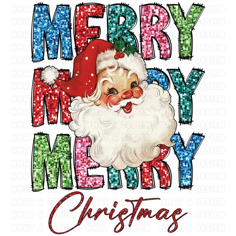 Op de afbeelding: Een kerstgroet met de woorden "Merry Merry Christmas" in glinsterende letters. De letters zijn in tinten rood, roze, groen en blauw. Een cartoon-kerstman met een witte baard bevindt zich in het midden van de afbeelding.