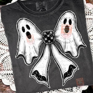 Coquette Ghost Bow PNG, spooky Halloween ghost-shaped bow design with polka dot knot, girly goth sublimation clipart