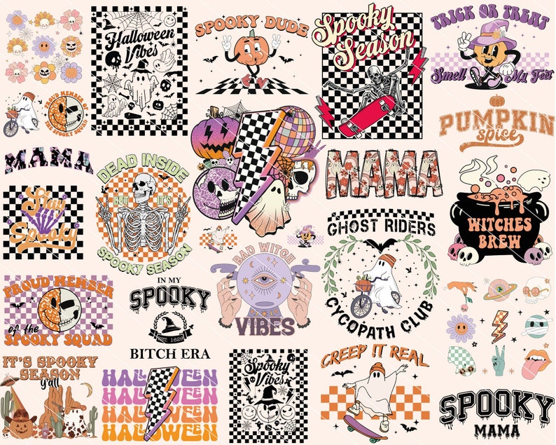 Digital Retro Halloween PNG bundle collage featuring ghosts, pumpkins, and 'Spooky Mama' lettering designs.