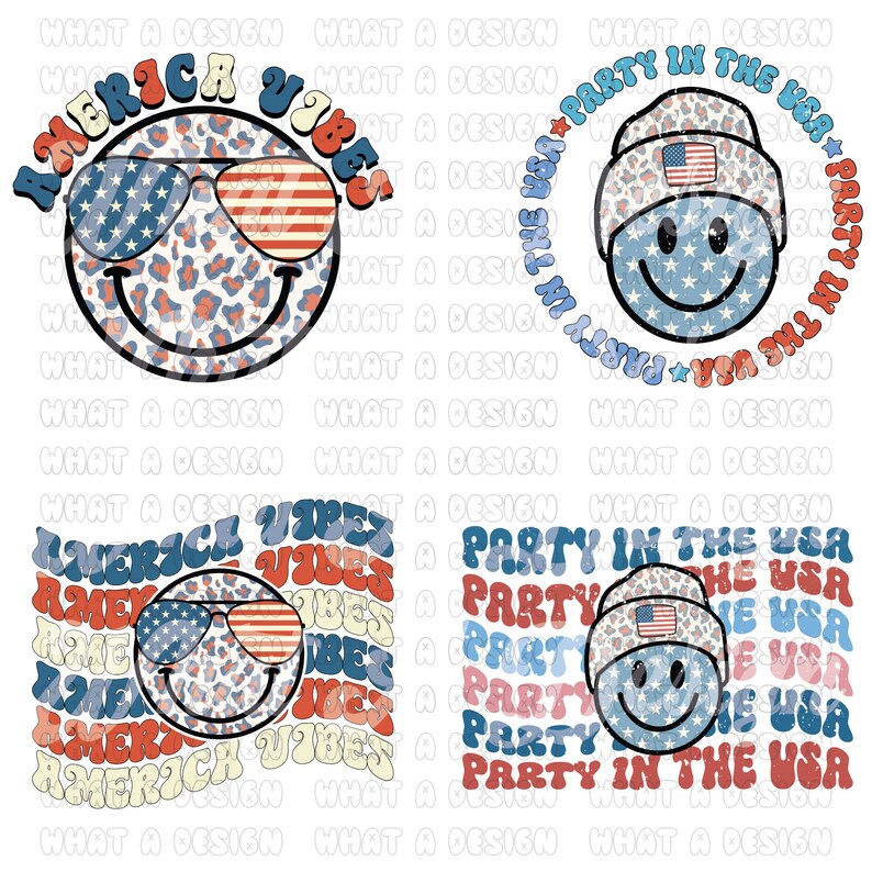 K&ouml;nnte beinhalten: Vier digitale Designs mit einem l&auml;chelnden Comic-Gesicht mit Sonnenbrille und einem rot-wei&szlig;-blauen Farbschema. Die Designs beinhalten den Text "America Vibes" und "Party in the USA".