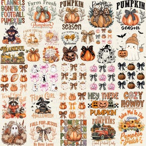 Puede incluir: Un collage de gráficos con temática otoñal, que incluye calabazas, lazos, fantasmas y texto como "Pumpkin Season" y "Farm Fresh Pumpkins". La paleta de colores presenta naranja, marrón y negro.