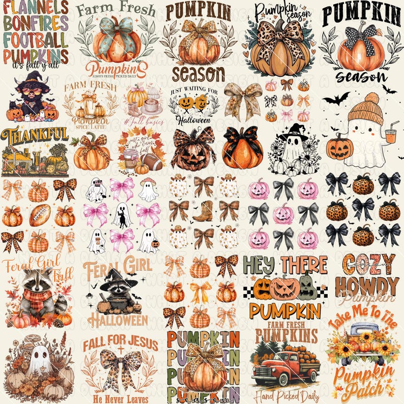 May include: A collage of fall-themed graphics, including pumpkins, bows, ghosts, and text like "Pumpkin Season" and "Farm Fresh Pumpkins." The color palette features orange, brown, and black.