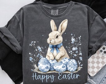 Happy Easter PNG, Grand Millennial Easter Png, Blue Floral Chinoiserie Bunny Png, Blue Toile Easter Rabbit Png, Girls, Easter Coquette Png