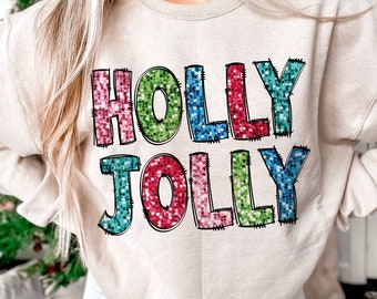 Holly Jolly Christmas PNG, neppe pailletten, kerst-PNG, retro design, kerstshirt PNG, sublimatie design, digitale download, levendig