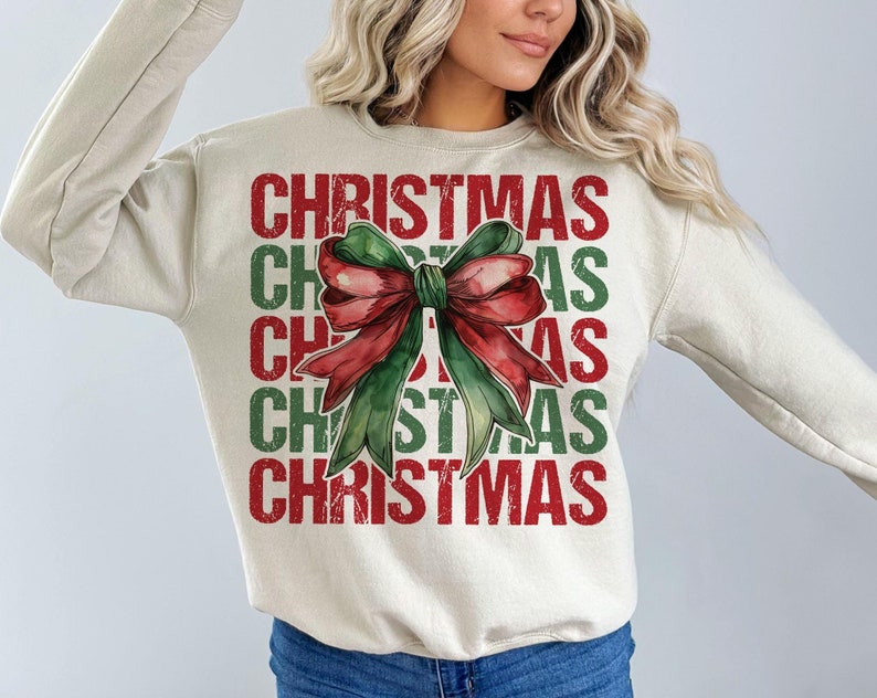 Repeated Christmas text design with a large red and green plaid bow illustration