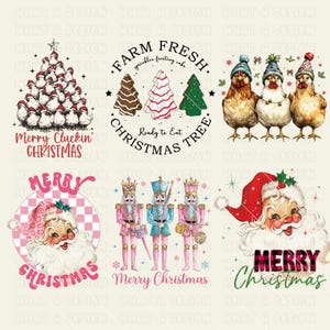 May include: A digital collage of Christmas-themed illustrations. The top left image features a Christmas tree made of chickens with the text "Merry Cluckin' Christmas". The top right image features a Christmas tree made of frosting with the text "Farm Fresh Ready to Eat Christmas Tree". The bottom left image features a Santa Claus with the text "Merry Christmas". The bottom right image features a Santa Claus with the text "Merry Christmas". The center image features three nutcracker figurines with the text "Merry Christmas".