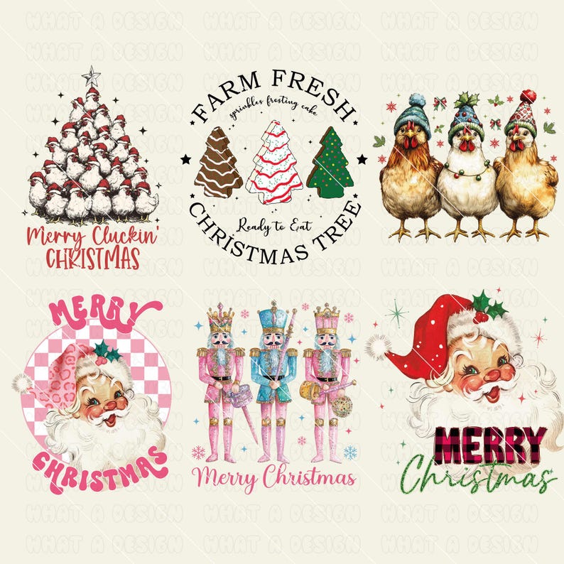 May include: A digital collage of Christmas-themed illustrations. The top left image features a Christmas tree made of chickens with the text "Merry Cluckin' Christmas". The top right image features a Christmas tree made of frosting with the text "Farm Fresh Ready to Eat Christmas Tree". The bottom left image features a Santa Claus with the text "Merry Christmas". The bottom right image features a Santa Claus with the text "Merry Christmas". The center image features three nutcracker figurines with the text "Merry Christmas".