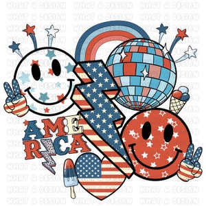 May include: A red, white and blue graphic design featuring a lightning bolt, two smiley faces, a disco ball, a heart and a popsicle. The design includes the word "AMERICA" in a retro font.