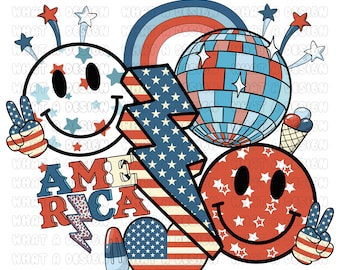 May include: A red, white, and blue graphic design featuring a lightning bolt, two smiley faces, a disco ball, a heart, and a popsicle. The design includes the word "AMERICA" in a retro font.