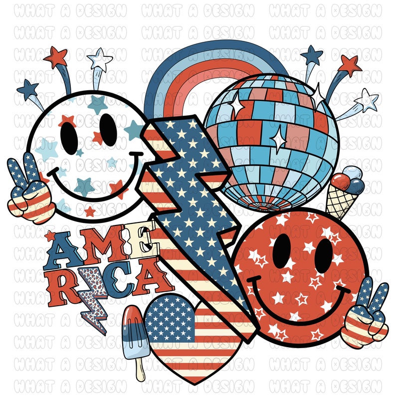May include: A red, white and blue graphic design featuring a lightning bolt, two smiley faces, a disco ball, a heart and a popsicle. The design includes the word "AMERICA" in a retro font.
