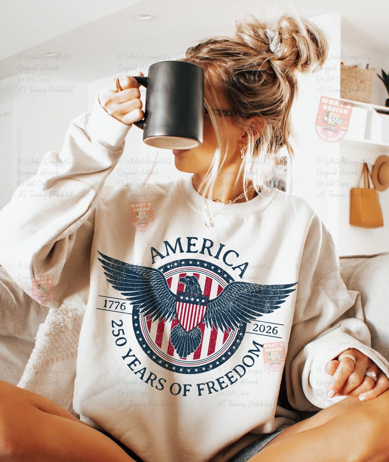 May include: Cream-colored sweatshirt with a patriotic design. The graphic features a circular emblem with an eagle, the text "AMERICA", and "250 YEARS OF FREEDOM" with the years 1776 and 2026. A black mug is held up to the face.