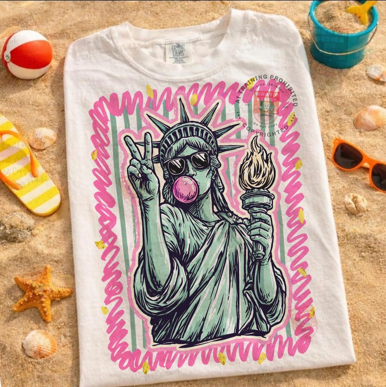 Puede incluir: Camiseta blanca con un gr&aacute;fico de la Estatua de la Libertad con gafas de sol y soplando una burbuja de chicle. El dise&ntilde;o est&aacute; delineado en rosa con un fondo a rayas verdes. La camiseta est&aacute; sobre una superficie arenosa con accesorios de playa.