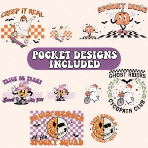 K&ouml;nnte beinhalten: Ein Set mit 10 Halloween-Taschenmotiven mit Geistern, K&uuml;rbissen und gruseligen Spr&uuml;chen. Die Designs beinhalten "Creep It Real", "Spooky Dude", "Trick or Treat", "Ghost Riders", "Cycopath Club" und "Proud Member of the Spooky Squad".