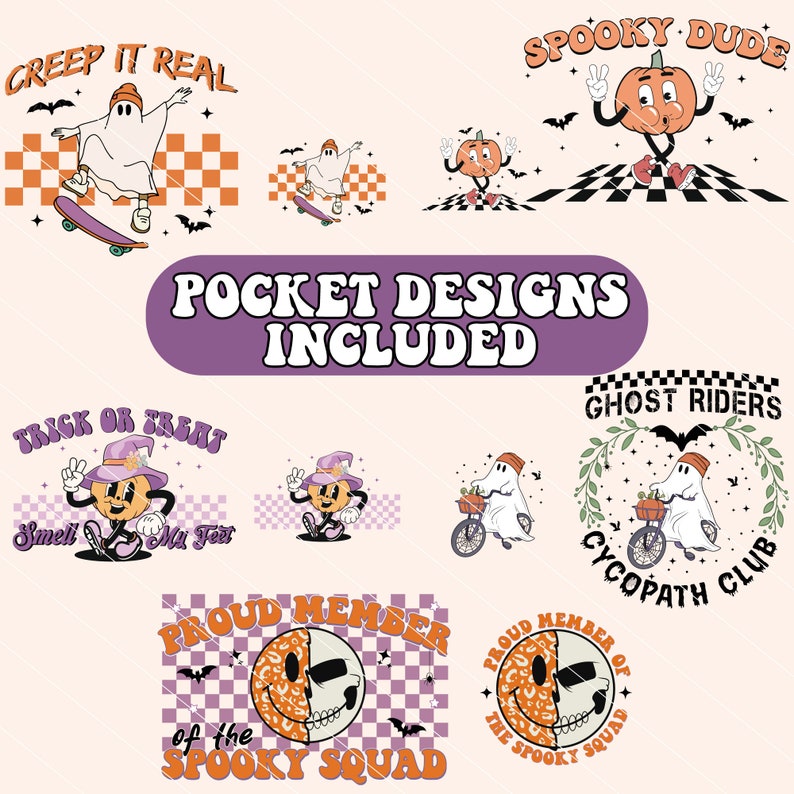 K&ouml;nnte beinhalten: Ein Set mit 10 Halloween-Taschenmotiven mit Geistern, K&uuml;rbissen und gruseligen Spr&uuml;chen. Die Designs beinhalten "Creep It Real", "Spooky Dude", "Trick or Treat", "Ghost Riders", "Cycopath Club" und "Proud Member of the Spooky Squad".