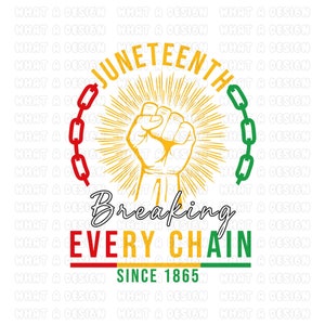 Peut inclure: Un design graphique avec un poing lev&eacute;, une cha&icirc;ne et le texte "Juneteenth Breaking Every Chain Since 1865". Le poing est jaune, la cha&icirc;ne est rouge et verte, et le texte est en rouge, jaune et vert.