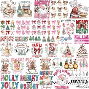 Collage of retro Christmas clipart designs including Santa, bows, trees, and Merry Christmas text