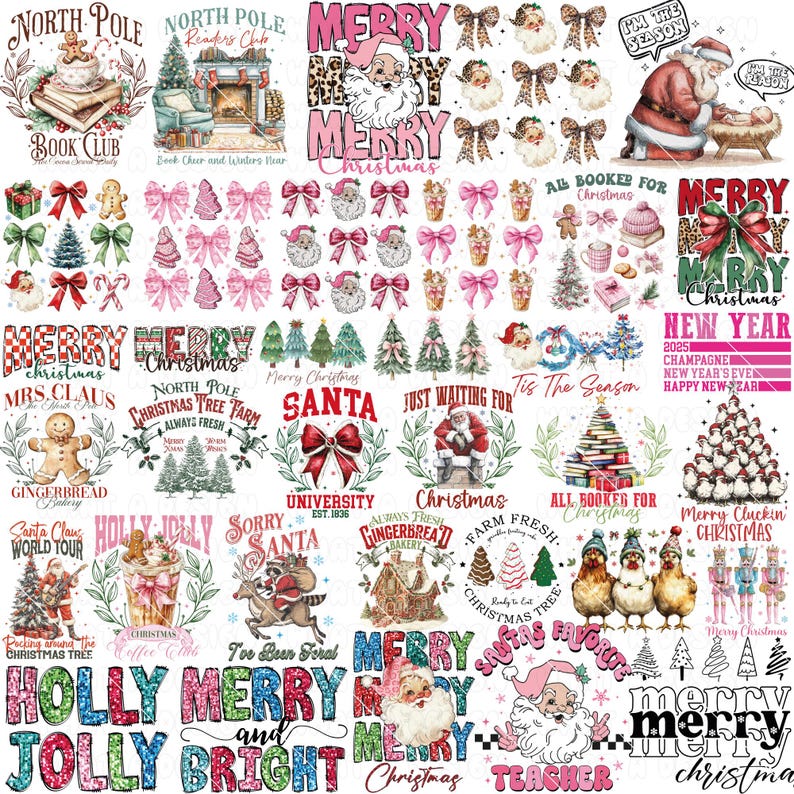 Collage of retro Christmas clipart designs including Santa, bows, trees, and Merry Christmas text