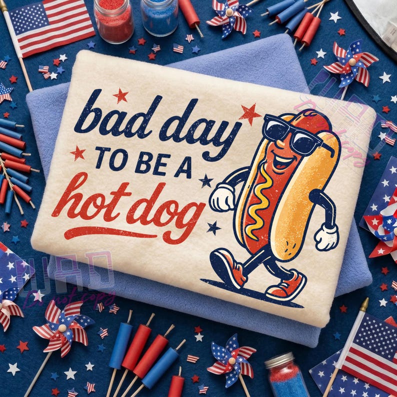 Puede incluir: Camiseta beige claro con la frase "bad day to be a hot dog" en azul marino y rojo. La camiseta presenta un perrito caliente de dibujos animados con gafas de sol caminando. La camiseta est&aacute; doblada sobre una manta azul.