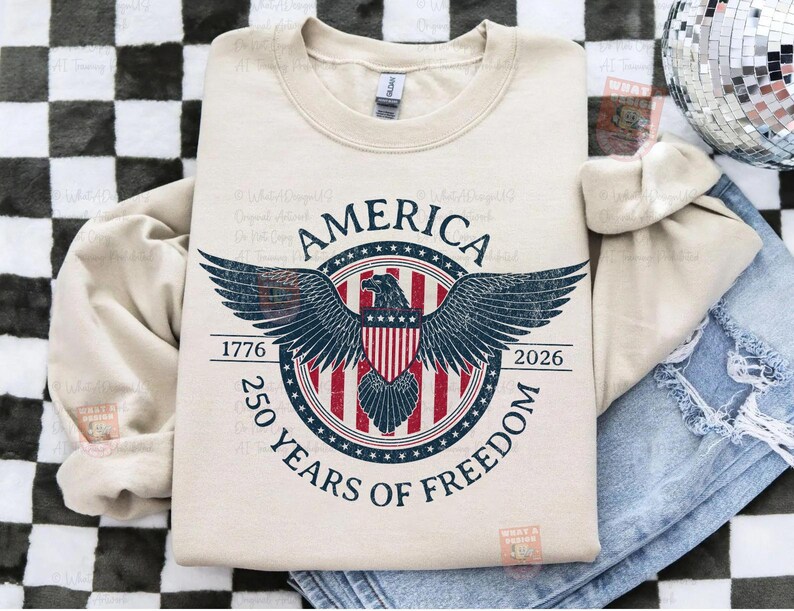 May include: A cream-colored sweatshirt featuring a patriotic design. The graphic includes a bald eagle with outstretched wings, the word "AMERICA," and the text "250 YEARS OF FREEDOM" with the years 1776 and 2026. The design is in red, white, and blue.