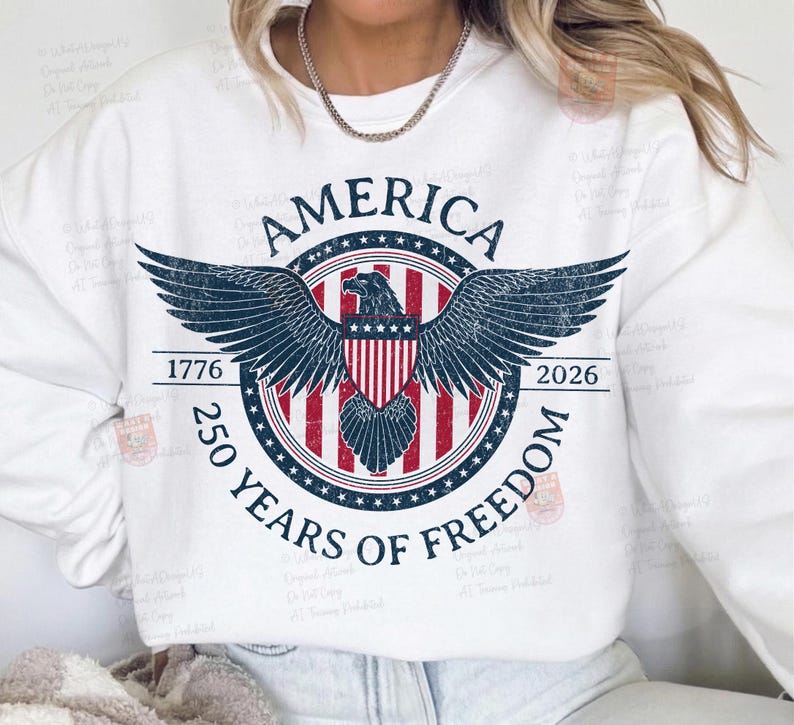 May include: White sweatshirt featuring a patriotic design with the word "AMERICA" above a circular emblem. The emblem includes a bald eagle with outstretched wings, a shield, and the text "250 YEARS OF FREEDOM" with the years 1776 and 2026.