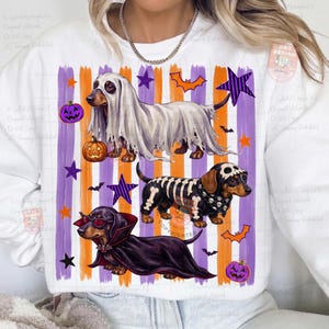 May include: A white crewneck sweatshirt featuring a graphic of three dachshunds in Halloween costumes. One dog wears a ghost sheet, one a skeleton suit, and one a vampire cape with sunglasses. The background has purple and orange vertical stripes.
