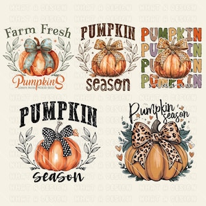 May include: A collection of fall-themed designs featuring pumpkins with bows and the phrases "Farm Fresh," "Pumpkin Season," and "Pumpkins." The pumpkins are orange with decorative bows and surrounded by leaves.