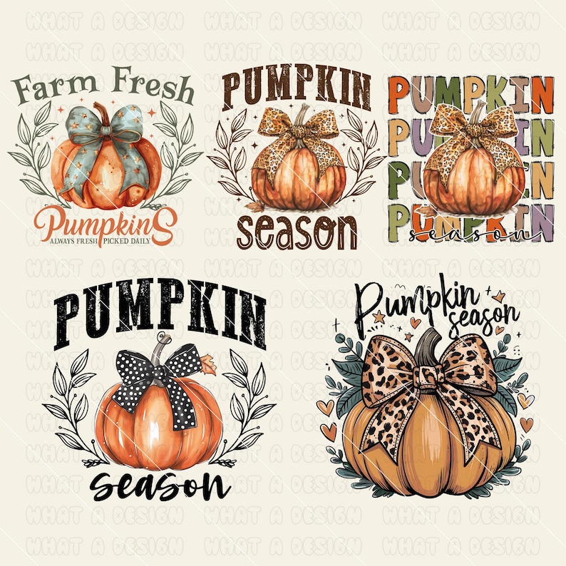 May include: A collection of fall-themed designs featuring pumpkins with bows and the phrases "Farm Fresh," "Pumpkin Season," and "Pumpkins." The pumpkins are orange with decorative bows and surrounded by leaves.