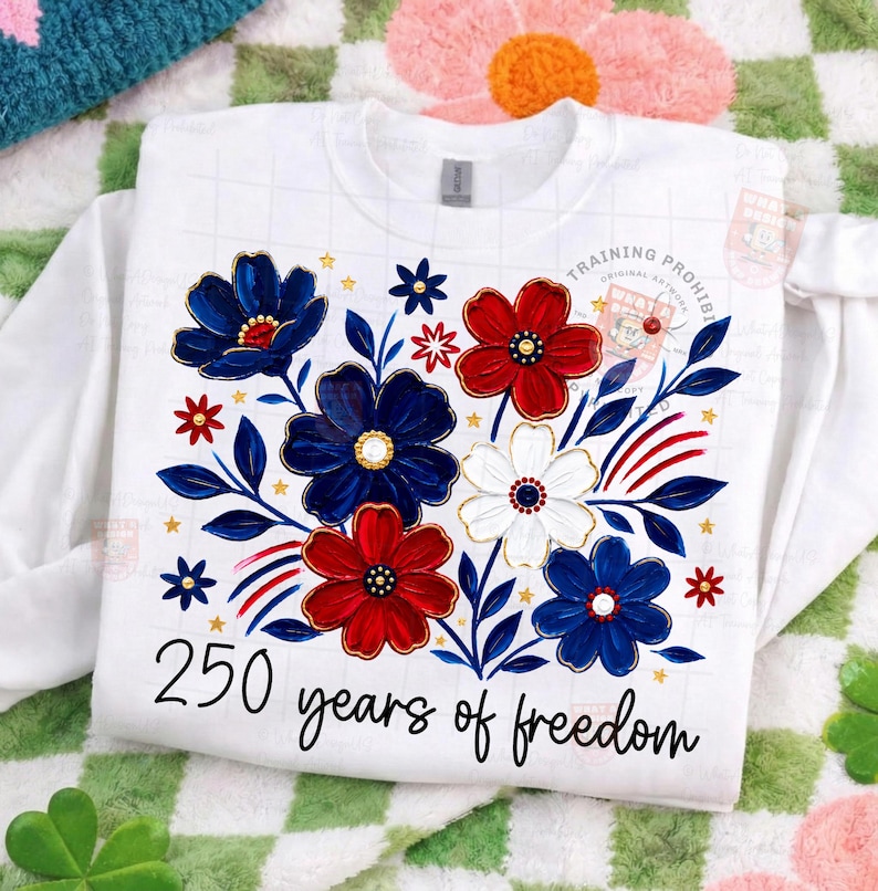 May include: White sweatshirt featuring a floral design in red, white, and blue, with gold accents. The design includes the text "250 years of freedom" in a script font. The sweatshirt is a crew neck style.