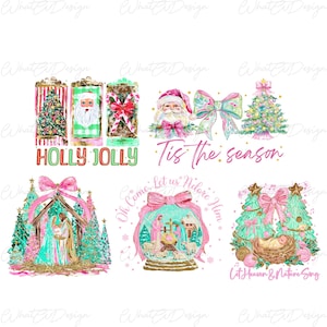 May include: A collection of Christmas-themed digital designs. The images include Santa Claus, Christmas trees, bows, and nativity scenes. Text includes "Holly Jolly", "Tis the season", "Oh Come, Let us Adore Him", and "Let Heaven & Nature Sing".