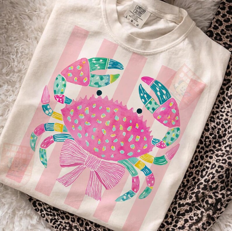 Everyday Summer Crab PNG Digital Design Girly Trendy Kid Design Women Pink Preppy Prep Print Beach Bay Coastal Watercolor Trending Stripes image 8