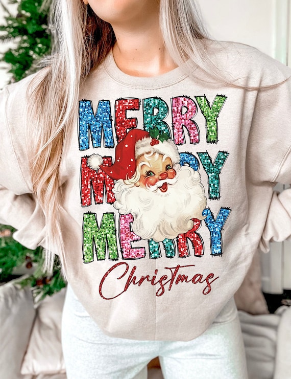 Merry Christmas Png, Faux Sequin, Christmas PNG, Retro Santa Claus Design, Christmas Shirt Png, Sublimation Design, Digital Download,Vibrant