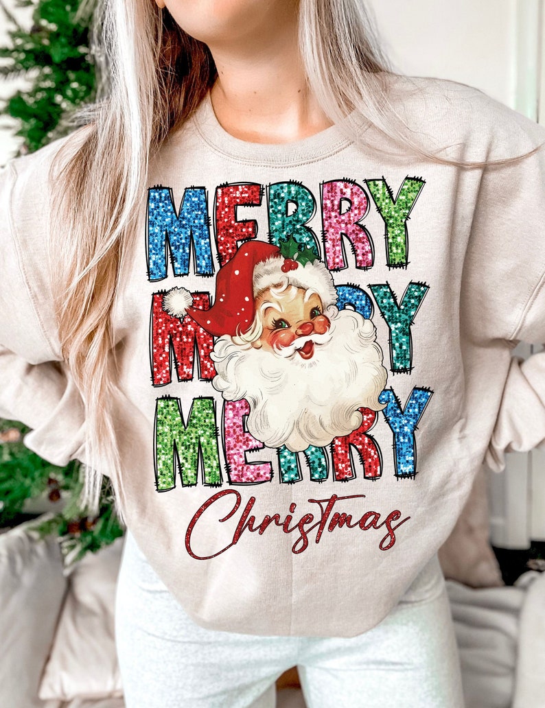 Merry Merry Merry Christmas text design with a faux sequin retro Santa Claus face illustration