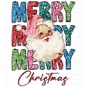 Op de afbeelding: Een glinsterende kerstgroet met de woorden "Merry Merry Christmas" in een regenboog van kleuren. Een cartoon kerstman met een roze en witte muts bevindt zich in het midden van het ontwerp.